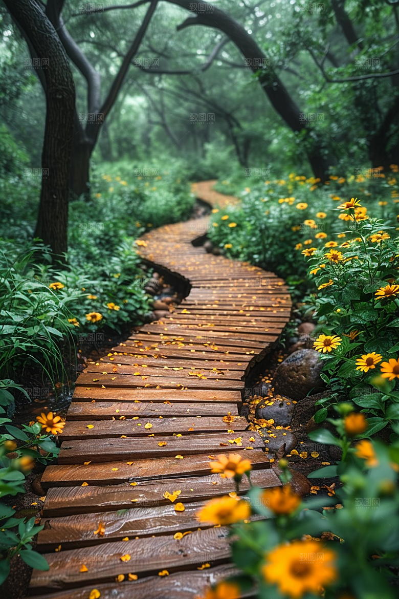 林荫小路露营自然摄影图