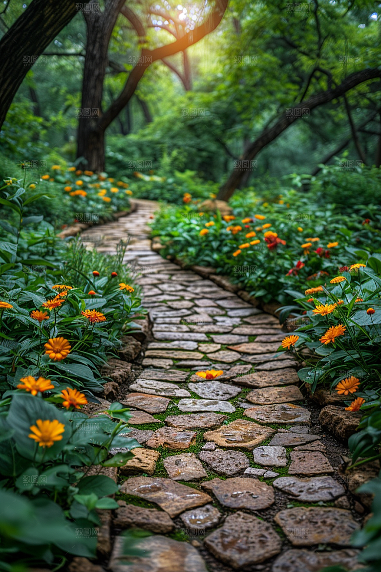 林荫小路露营高清摄影图