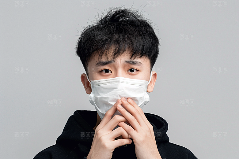春季流感戴口罩发烧感冒摄影图