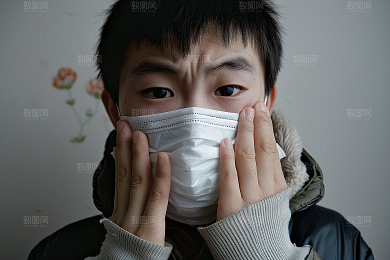 春季流感戴口罩发烧肖像摄影图