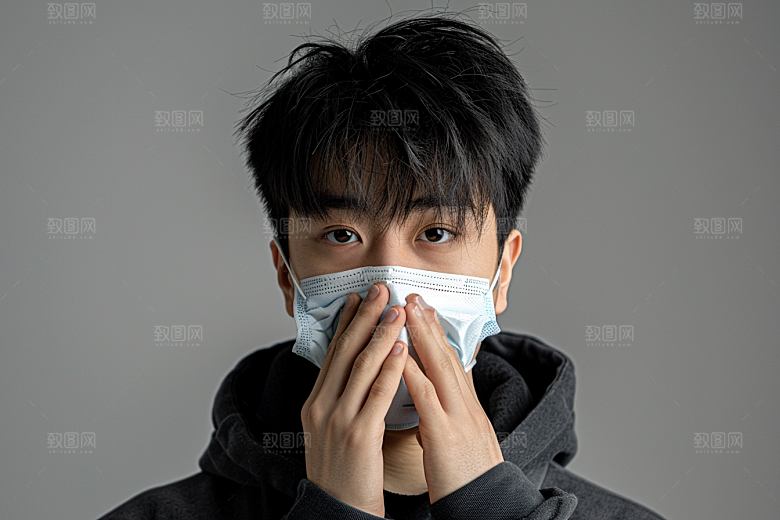 春季流感戴口罩人物发烧摄影图