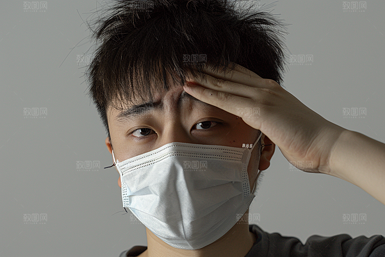 春季流感戴口罩发烧感冒摄影图