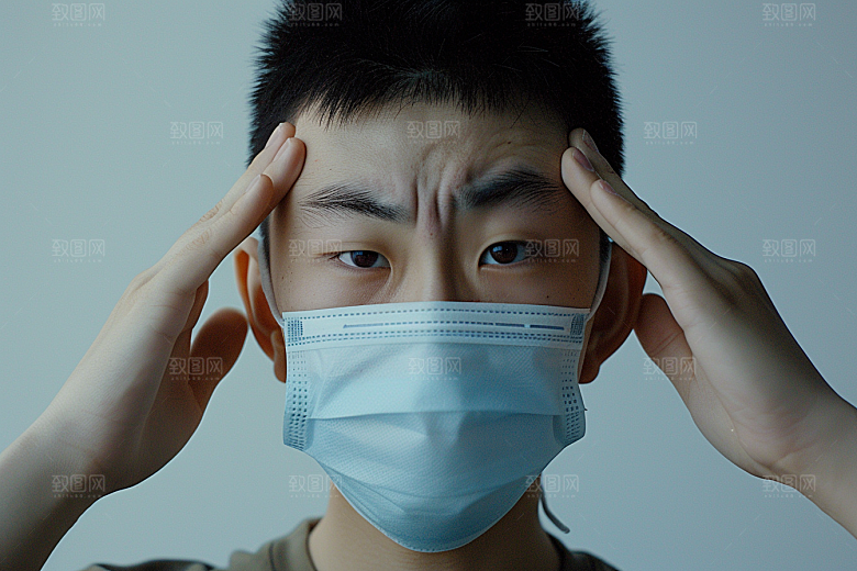春季流感戴口罩发烧人物摄影图