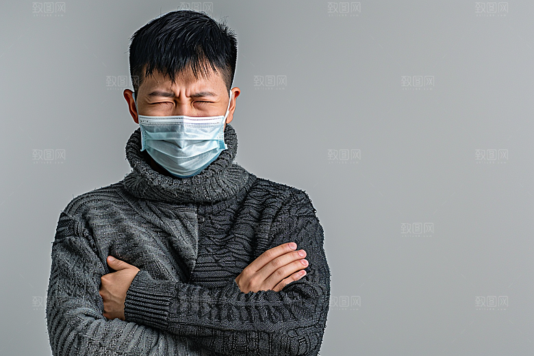 春季流感戴口罩感冒发烧摄影图