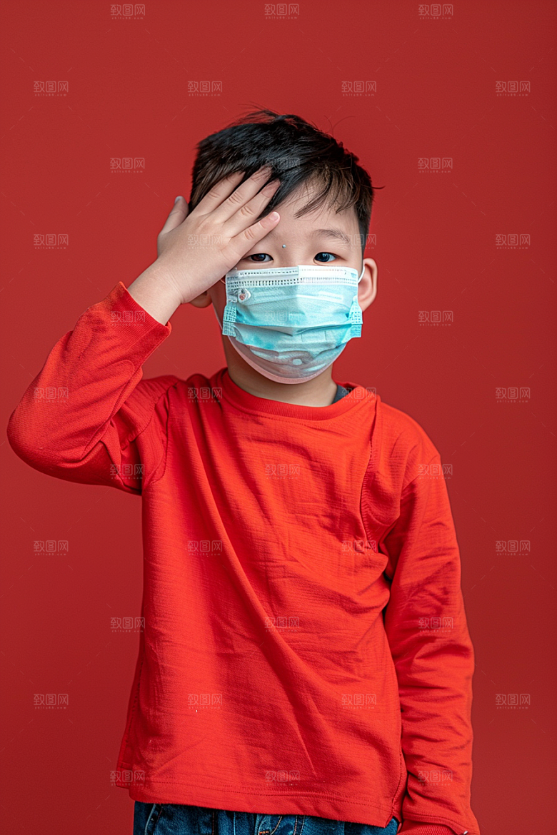 流感儿童戴口罩发烧摄影图