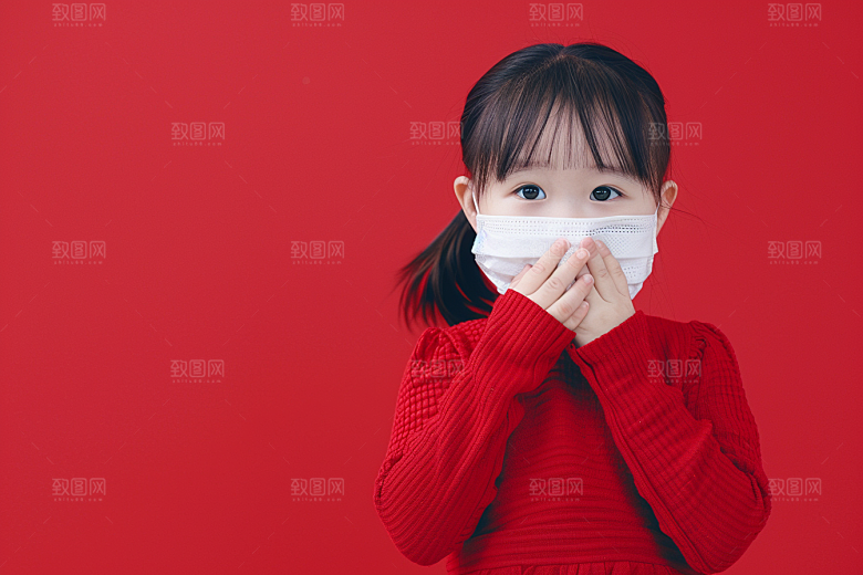 流感儿童发烧戴口罩摄影图