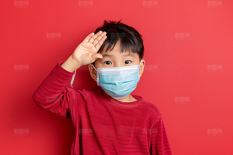 流感儿童发烧戴口罩摄影图