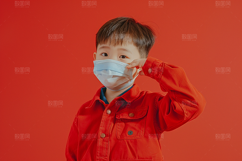 流感儿童戴口罩发烧摄影图