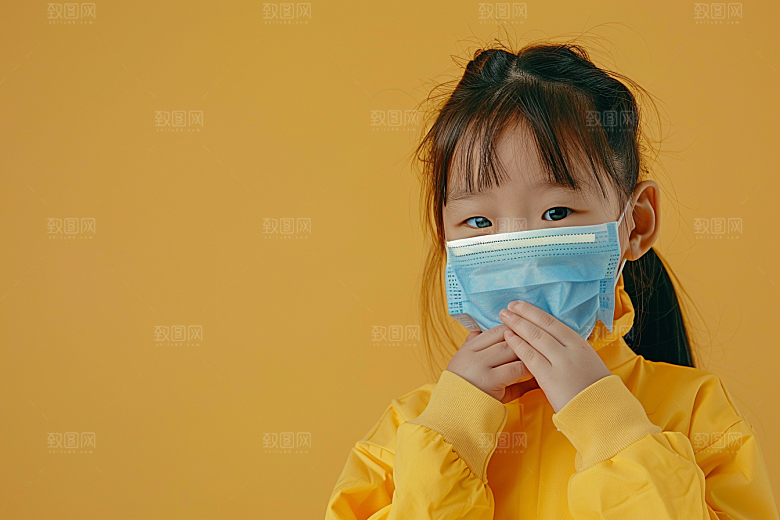 流感儿童戴口罩发烧摄影图