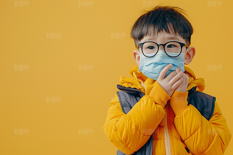 流感儿童戴口罩感冒摄影图