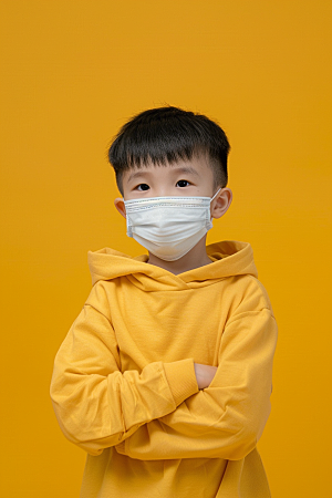 流感儿童肖像戴口罩摄影图