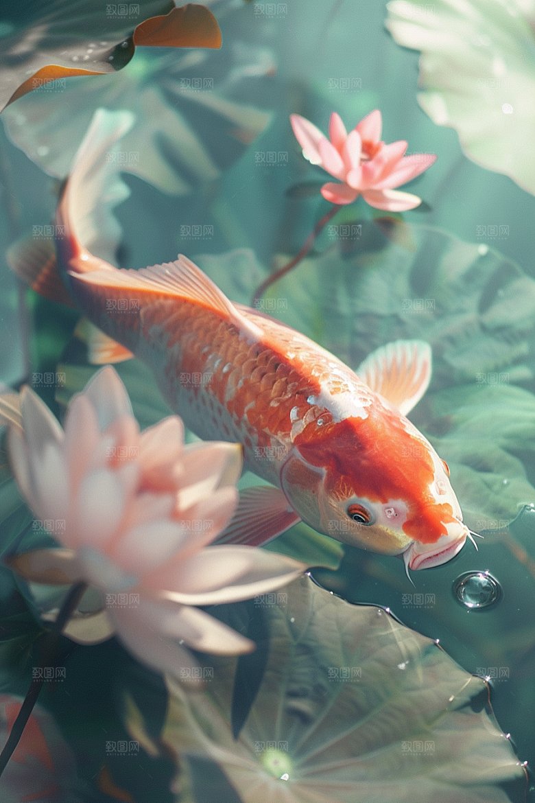 锦鲤池塘祝福素材