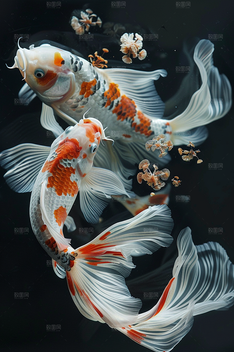 锦鲤游水彩色素材