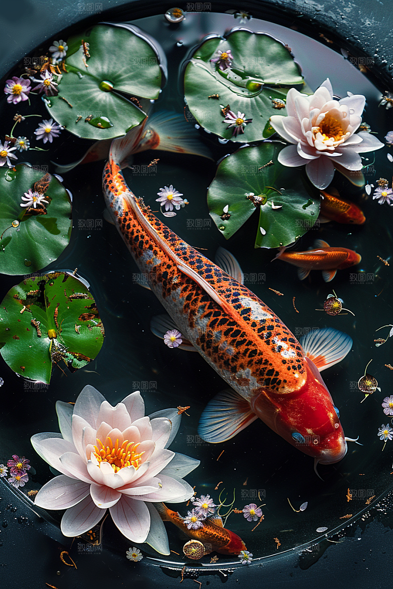 锦鲤游水彩色素材