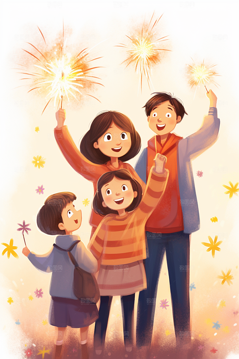 放烟花的孩子新年儿童插画