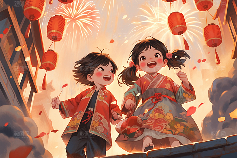 放烟花的孩子放鞭炮快乐插画