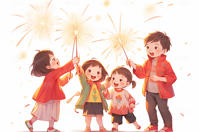 放烟花的孩子庆祝过年插画
