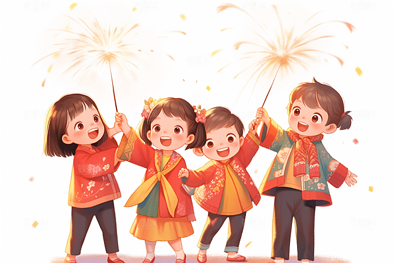 放烟花的孩子庆祝过年插画