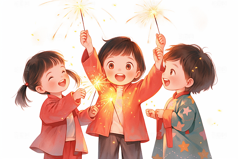 放烟花的孩子过年放鞭炮插画