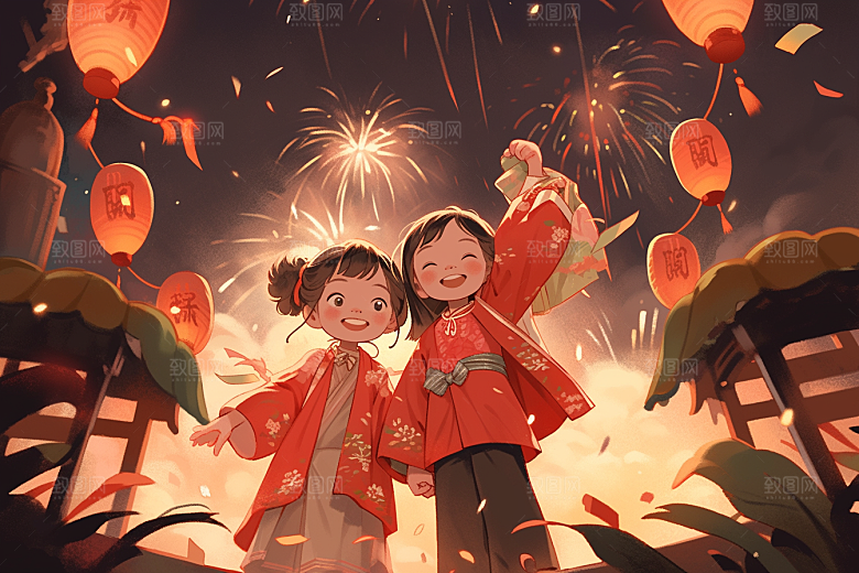 放烟花的孩子喜庆快乐插画