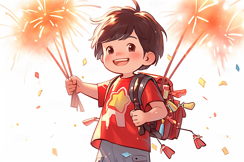 放烟花的孩子新年春节插画