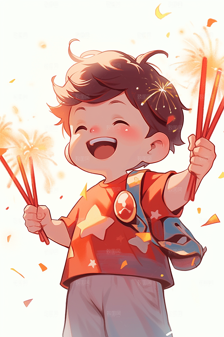 放烟花的孩子新年儿童插画