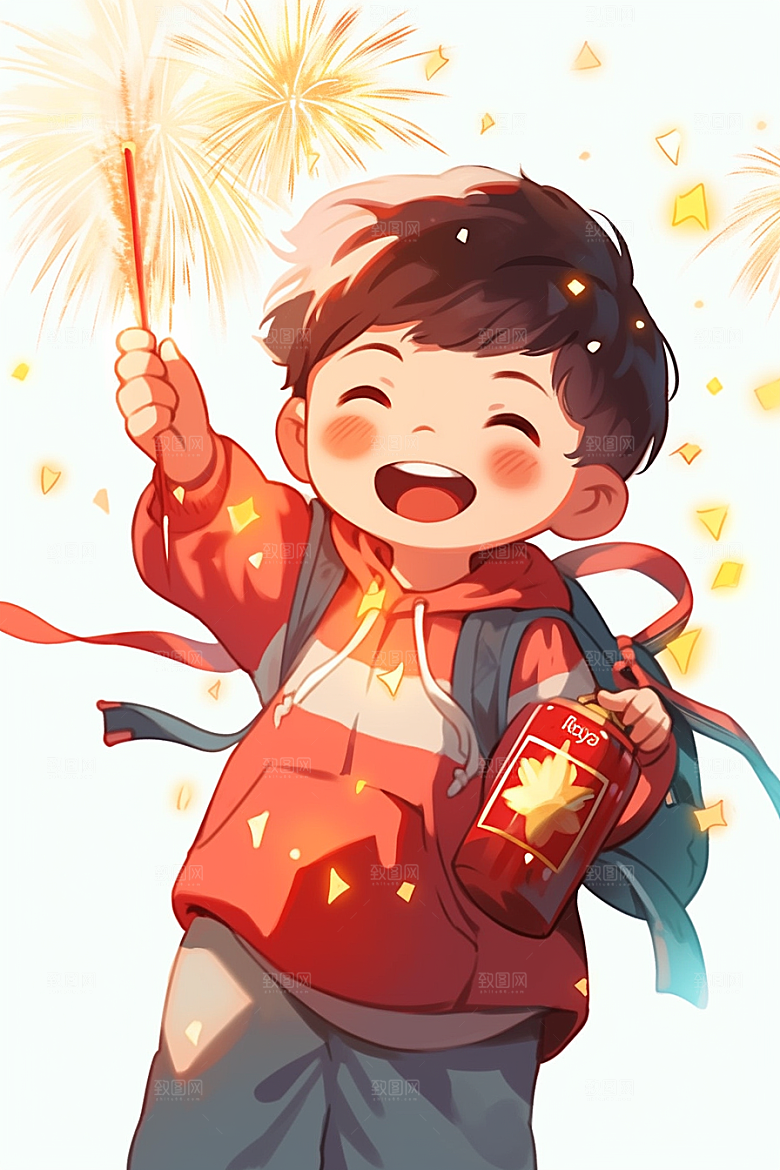 放烟花的孩子手绘喜庆插画