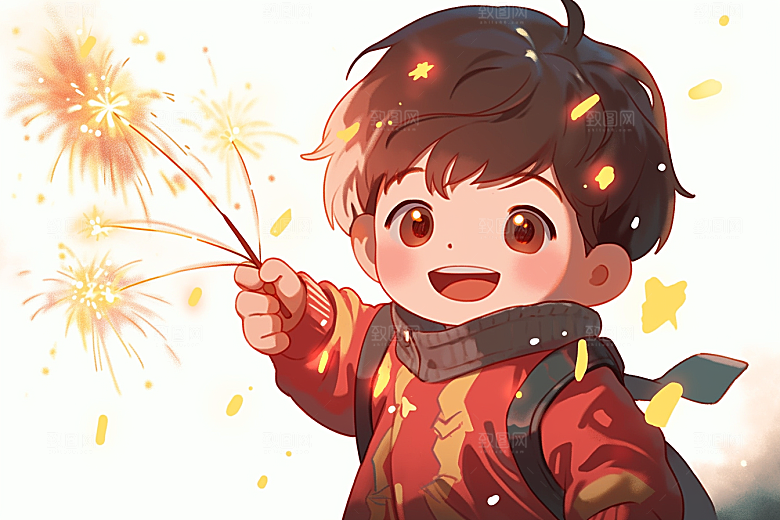 放烟花的孩子手绘儿童插画