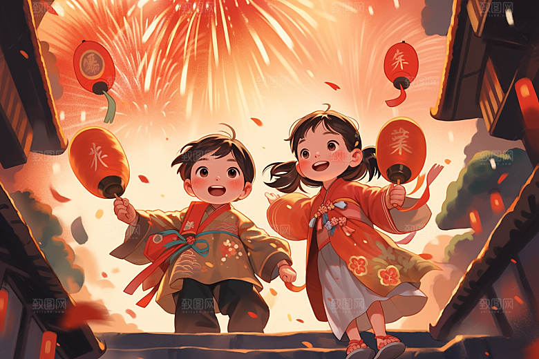 放烟花的孩子快乐喜庆插画