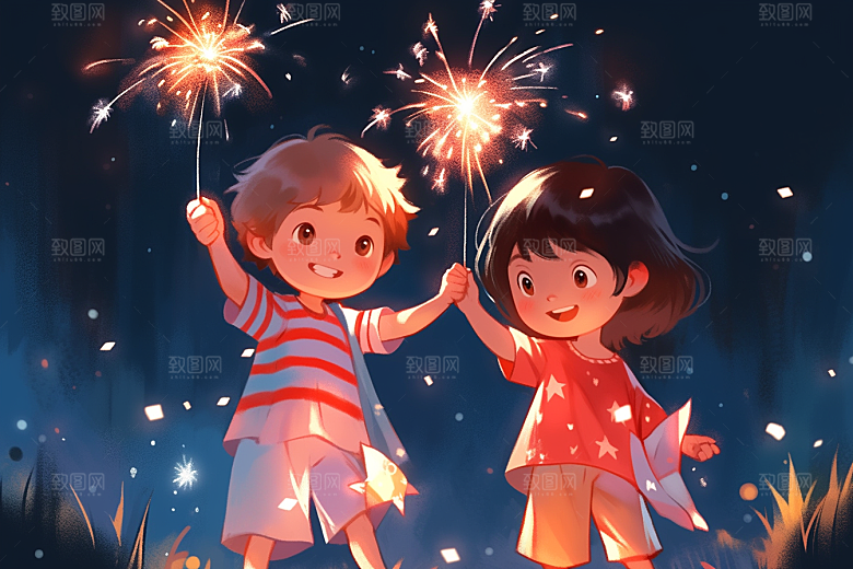 放烟花的孩子快乐过年插画
