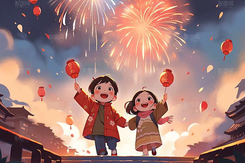 放烟花的孩子喜庆新年插画