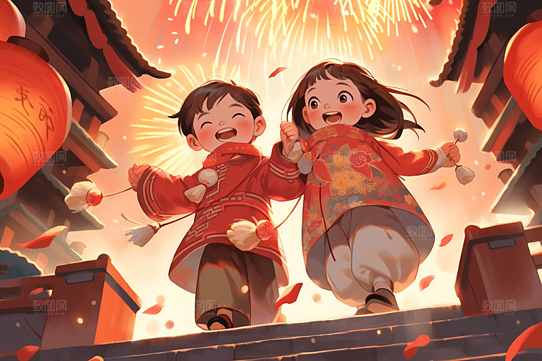 放烟花的孩子放鞭炮春节插画
