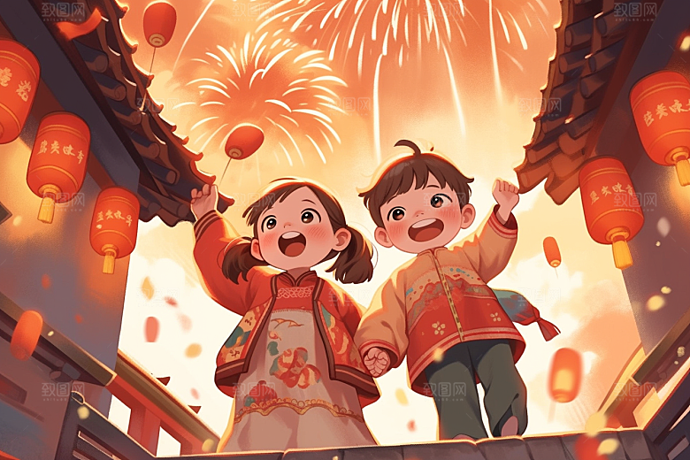 放烟花的孩子烟火庆祝插画