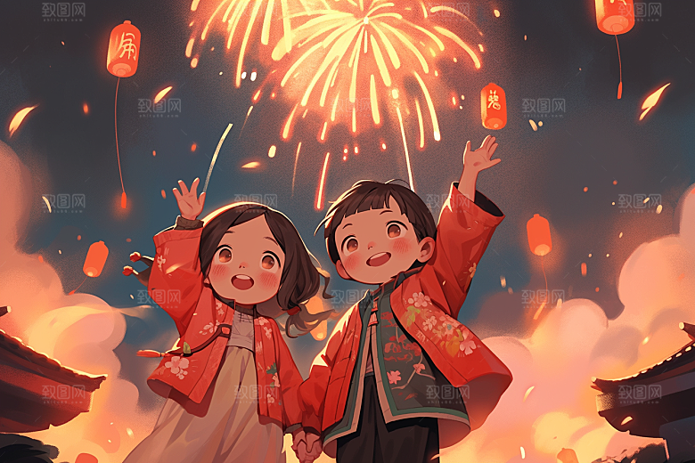 放烟花的孩子开心过年插画