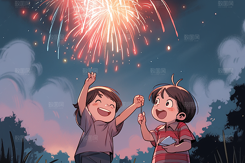 放烟花的孩子高清春节插画