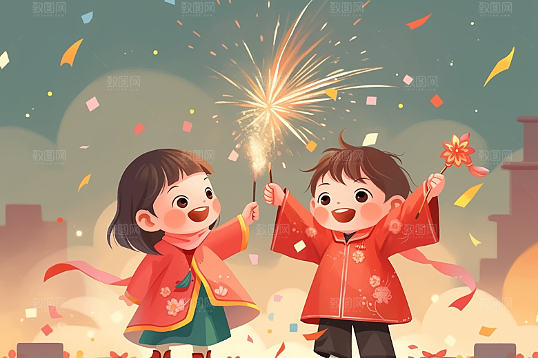 放烟花的孩子喜庆开心插画