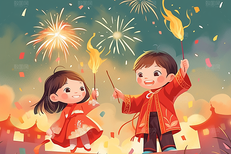放烟花的孩子烟火快乐插画