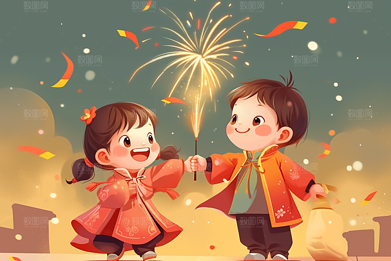 放烟花的孩子儿童庆祝插画