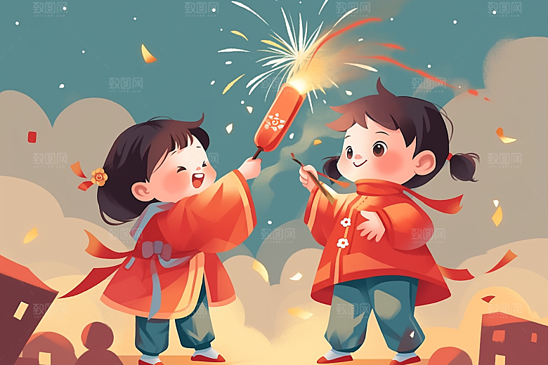 放烟花的孩子快乐新年插画