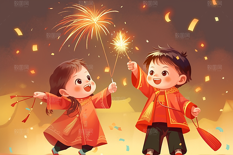 放烟花的孩子过年开心插画