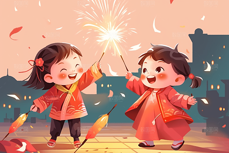 放烟花的孩子儿童快乐插画