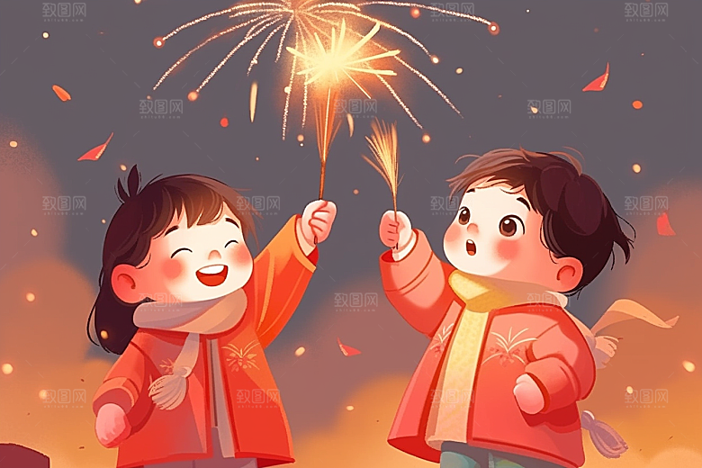 放烟花的孩子烟火高清插画