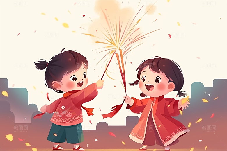 放烟花的孩子开心高清插画