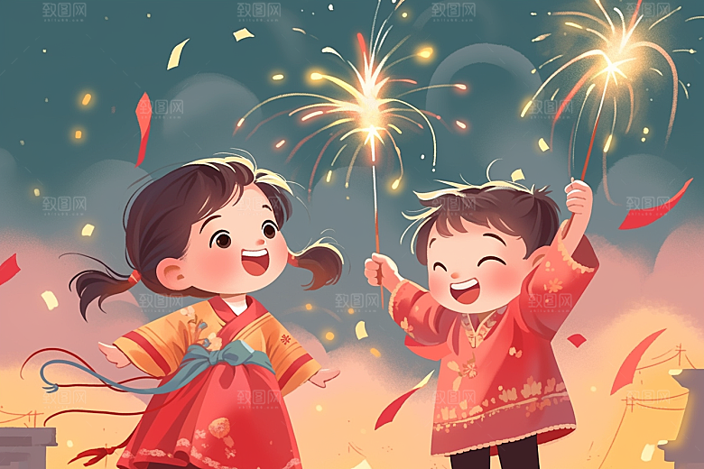 放烟花的孩子烟火快乐插画