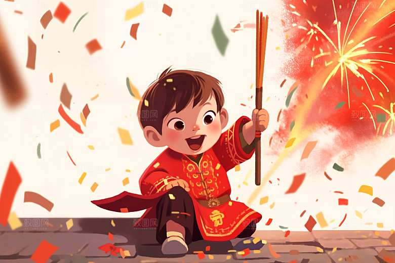 放烟花的孩子快乐放鞭炮插画