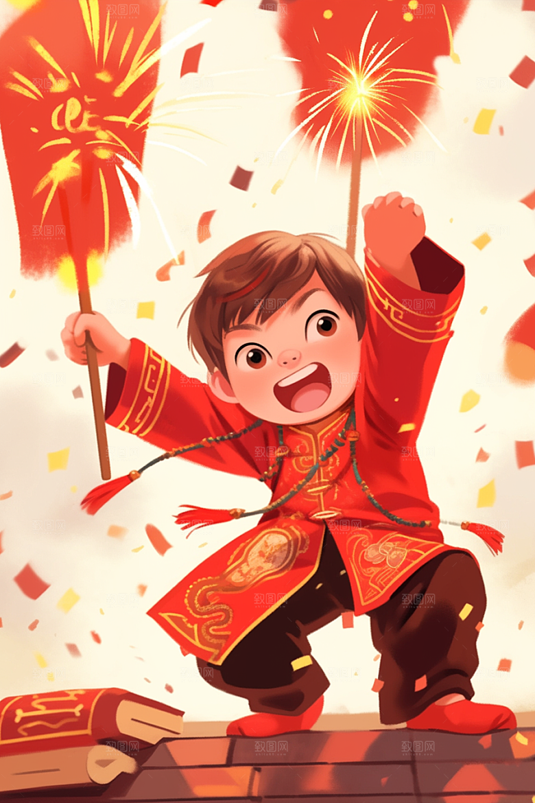 放烟花的孩子儿童开心插画