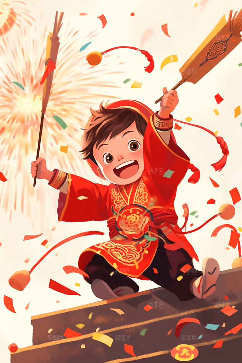 放烟花的孩子新年烟火插画