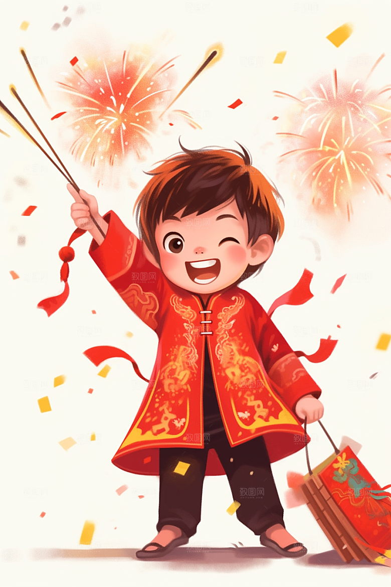 放烟花的孩子手绘放鞭炮插画