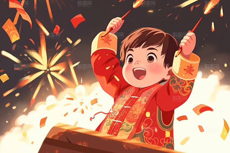 放烟花的孩子春节喜庆插画