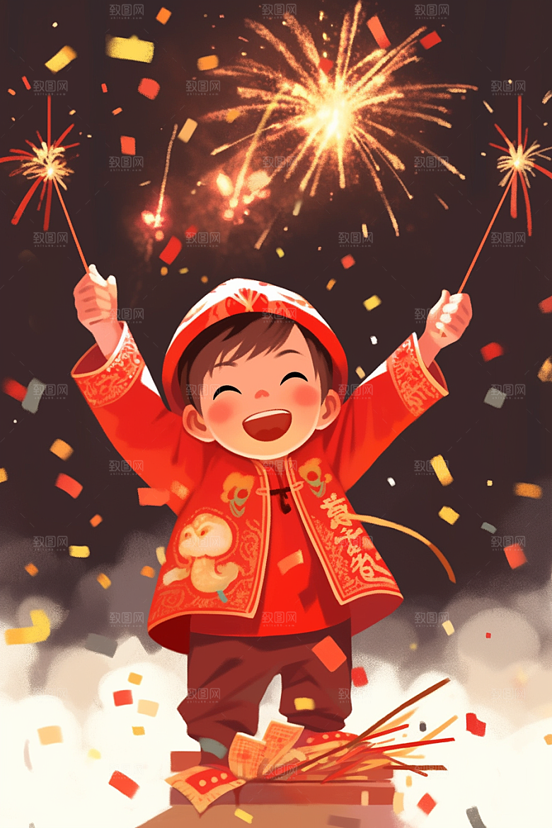 放烟花的孩子烟火庆祝插画